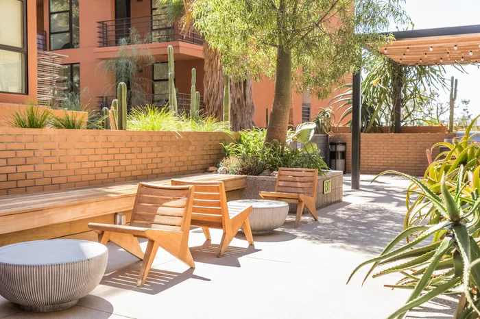 Charming outdoor patio with modern wooden seating, surrounded by lush greenery and a peaceful ambiance.