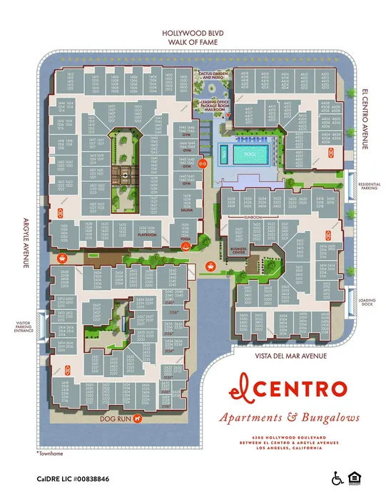 El Centro Apartments and Bungalows site map featuring modern units, lush courtyards, a central pool, and convenient amenities in the heart of Hollywood, Los Angeles.