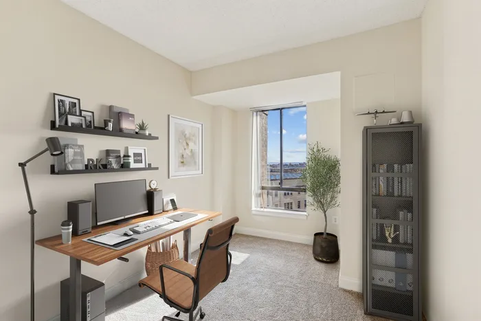 Bright home office with a modern desk, sleek shelves, and a window view of the city skyline, perfect for productivity and inspiration.