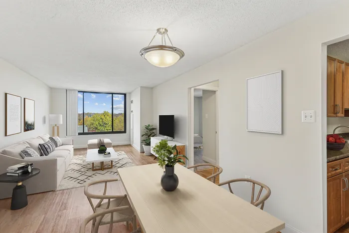 Bright and airy living room with a stunning window view, stylish sofa, modern decor, and adjacent dining area giving a sense of spaciousness.