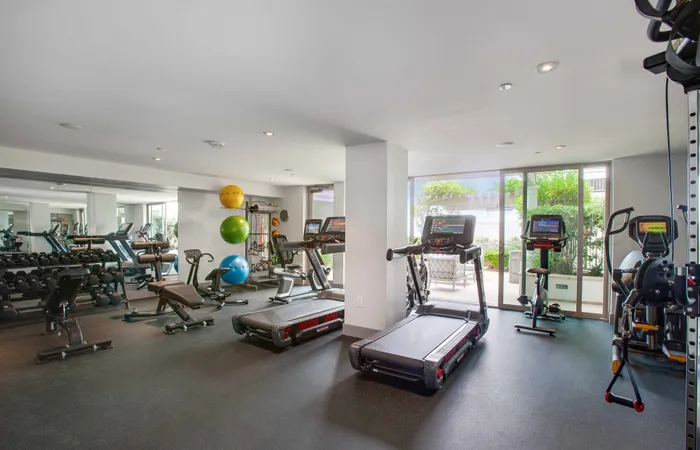 Modern and inviting gym space featuring state-of-the-art treadmills, exercise bikes, and colorful fitness balls in front of floor-to-ceiling windows with garden views.