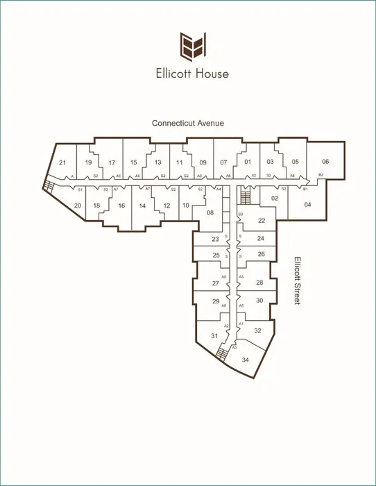 Elegant 2D floor plan of Ellicott House showing multiple apartments with strategic layout along Connecticut Avenue and Ellicott Street.