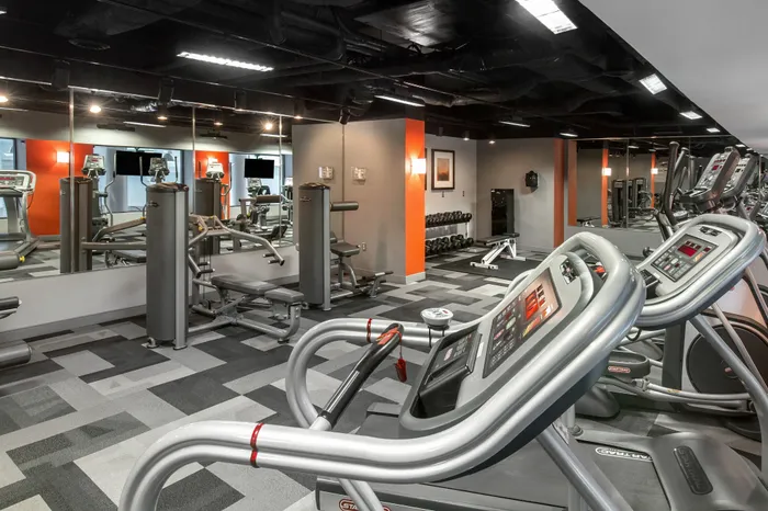 Modern fitness center with state-of-the-art exercise equipment, including treadmills, weight machines, and a bright, inviting atmosphere.