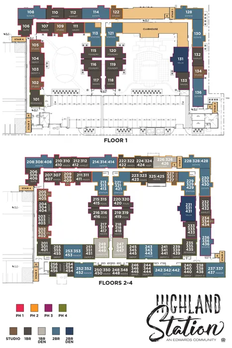 Highland Station floor plan showcasing diverse unit types including studios, 1BR, 2BR, and penthouse options across four stylish floors with easy access to a central clubhouse.