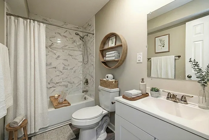 Elegant bathroom featuring a marble-tiled shower, modern white fixtures, and stylish wood accents, creating a serene and inviting space.