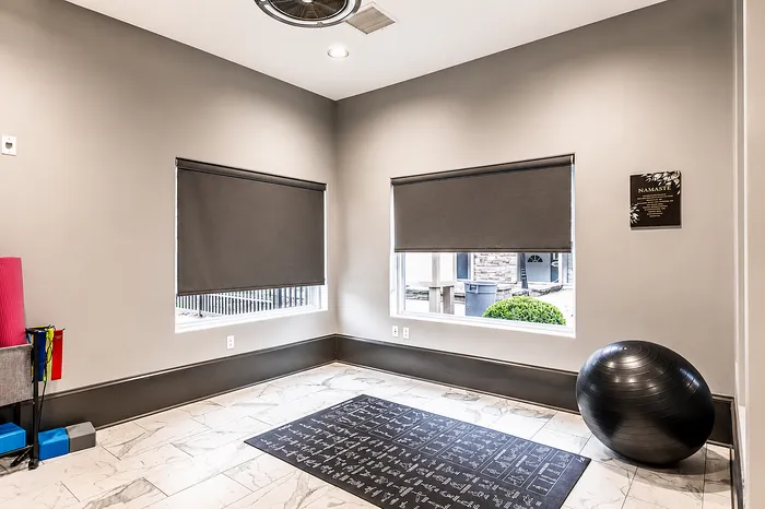 Inviting yoga room with natural light, featuring a yoga mat, exercise ball, and a peaceful atmosphere for relaxation.