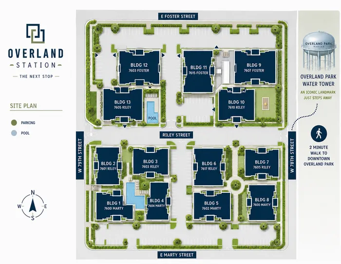 Overland Station site plan showcasing a beautifully landscaped community layout with multiple buildings, parking areas, and a central pool. Located just a 2-minute walk from downtown Overland Park and close to the iconic water tower.