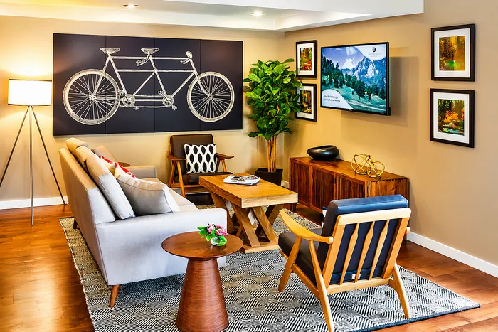Inviting living room with modern decor, featuring a stylish gray sofa, chic wooden furniture, and vibrant wall art, creating a cozy and elegant atmosphere.