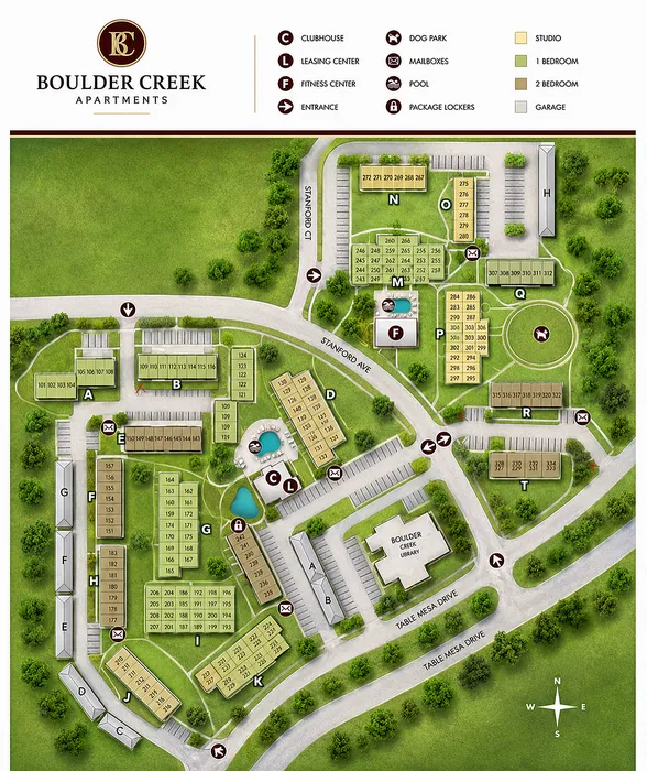 Boulder Creek Apartments site map showcasing a variety of apartment buildings with studio to 2-bedroom units, surrounded by lush greenery, a pool, dog park, fitness center, and close proximity to the library.