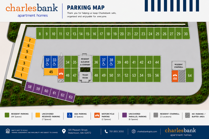 Charlesbank parking map showcasing organized parking layout with designated ADA, motorcycle, and resident spaces for convenience and accessibility.