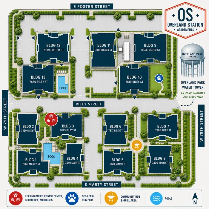 Comprehensive layout of Overland Station Apartments with detailed building locations, pools, community hub, and nearby Overland Park Water Tower.