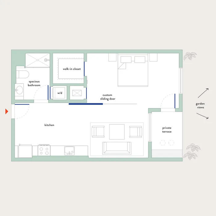 Elegant floor plan showcasing a spacious 1-bedroom apartment with a private terrace, modern kitchen, and garden views.