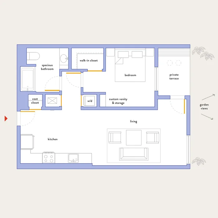 Modern floor plan featuring a bedroom with walk-in closet, spacious bathroom, open kitchen, and living area that opens to a private terrace with garden views.