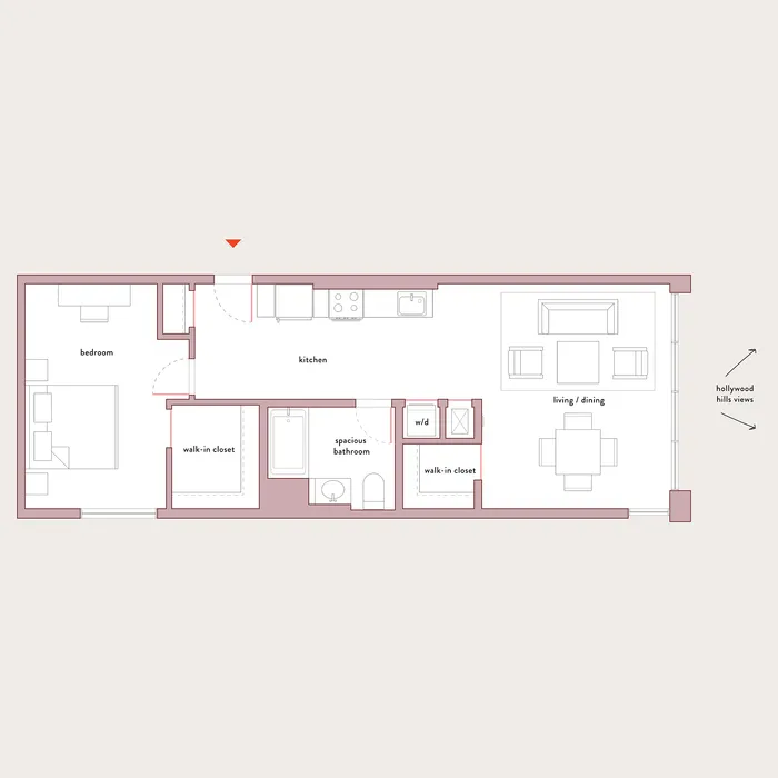 Inviting floor plan showcasing 1 bedroom, open kitchen, spacious bathroom, and living/dining area with Hollywood Hills views.