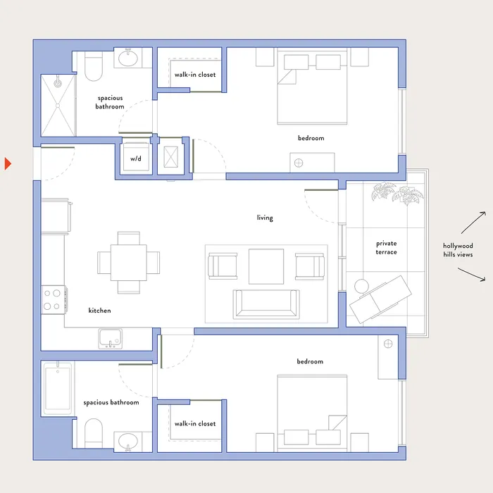 Modern floor plan highlighting 2 bedrooms, stylish kitchen, spacious living area, and private terrace with Hollywood Hills views.
