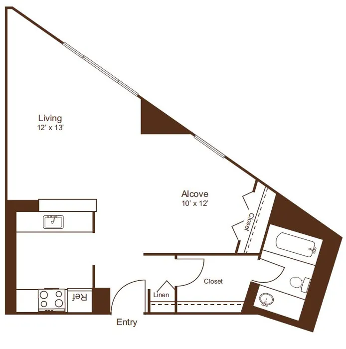 Modern floor plan showcasing an open living space with a kitchen, alcove, and stylish bathroom layout.