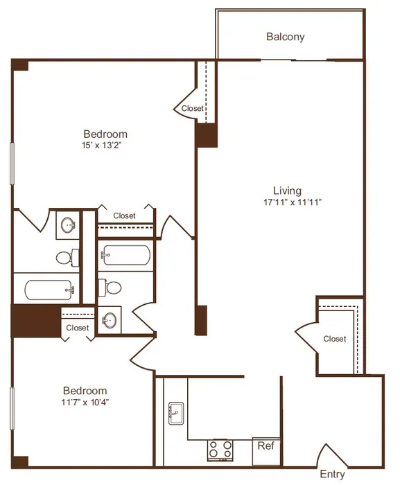 Elegant 2D floor plan showcasing 2 spacious bedrooms, contemporary kitchen, modern living area with balcony access, and ample closet space.