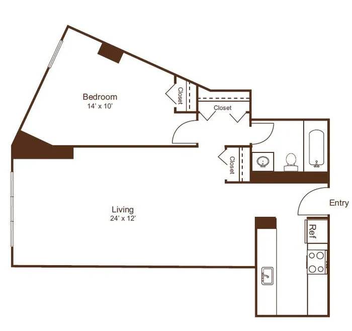 Spacious 1-bedroom apartment floor plan with integrated living area, modern kitchen, ample closets, and stylish bathroom.