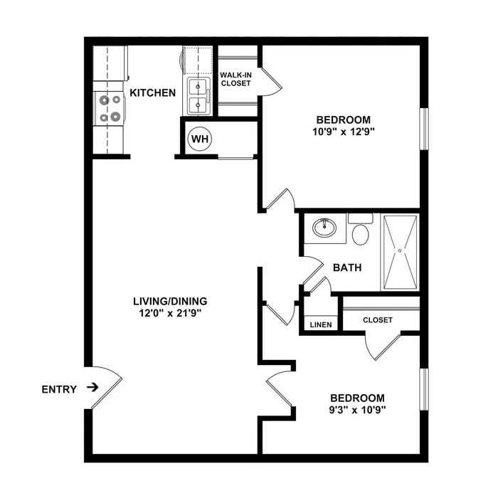 Inviting floor plan featuring two cozy bedrooms, an efficient kitchen, and a spacious living/dining area with ample storage.