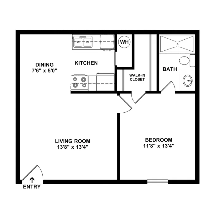 Charming 1-bedroom floor plan featuring a spacious living room, efficient kitchen, cozy dining area, and a walk-in closet.