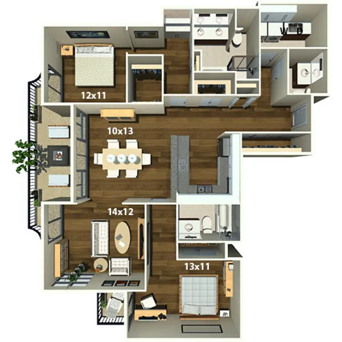 Modern floor plan showcasing a spacious layout with two bedrooms, two bathrooms, an open-concept living and dining area, and a stylish kitchen. Features include ample storage space, cozy seating arrangements, and chic interior details.