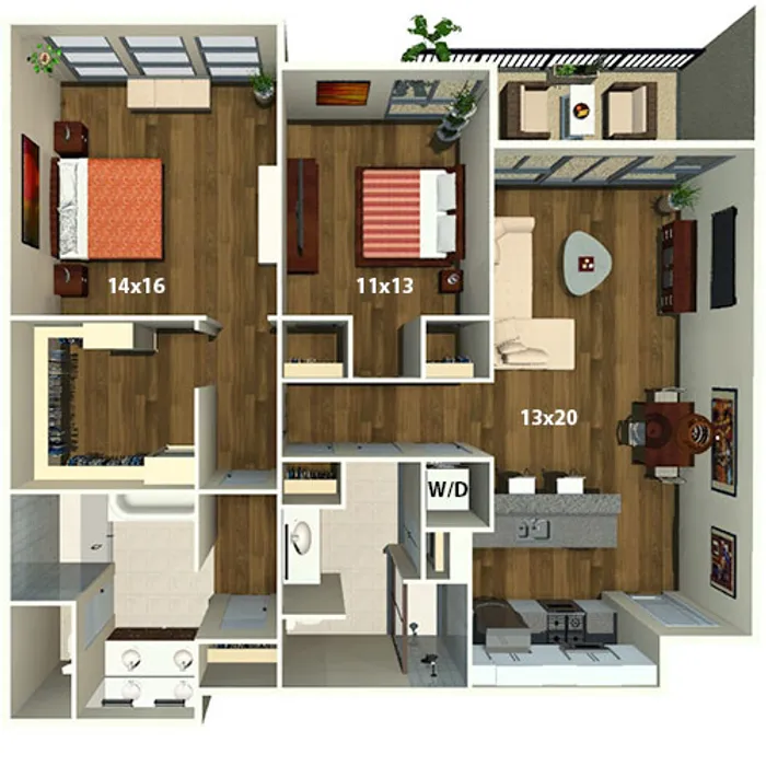 Contemporary floor plan showcasing 2 spacious bedrooms, an inviting living room, modern kitchen, and a cozy balcony space.