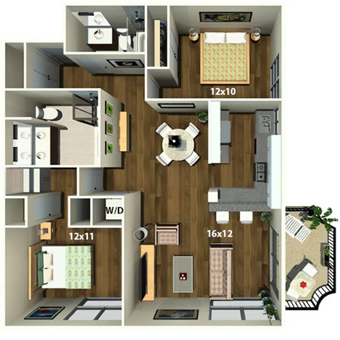 Modern floor plan showcasing 2 bedrooms, open-concept living and dining area, sleek kitchen, and charming balcony view.