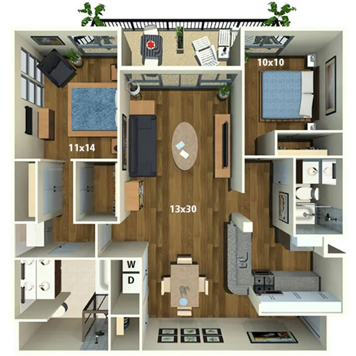 Modern 3D floor plan showcasing a 2-bedroom, open living area, dining space, and chic kitchen with breakfast bar, featuring balcony access and hardwood flooring.
