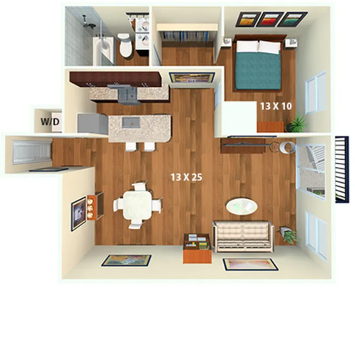Charming 3D floor plan with open-concept living and dining area, a cozy bedroom, modern kitchen, and stylish bathroom.