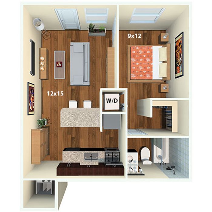 Charming floor plan showcasing a well-designed 1-bedroom apartment with open living space, a modern kitchen, and convenient in-unit laundry.
