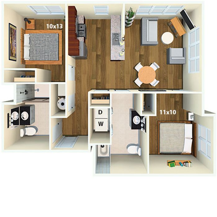 Contemporary 2D floor plan showcasing 2 bedrooms, open kitchen with island, cozy living area, and 2 modern bathrooms.