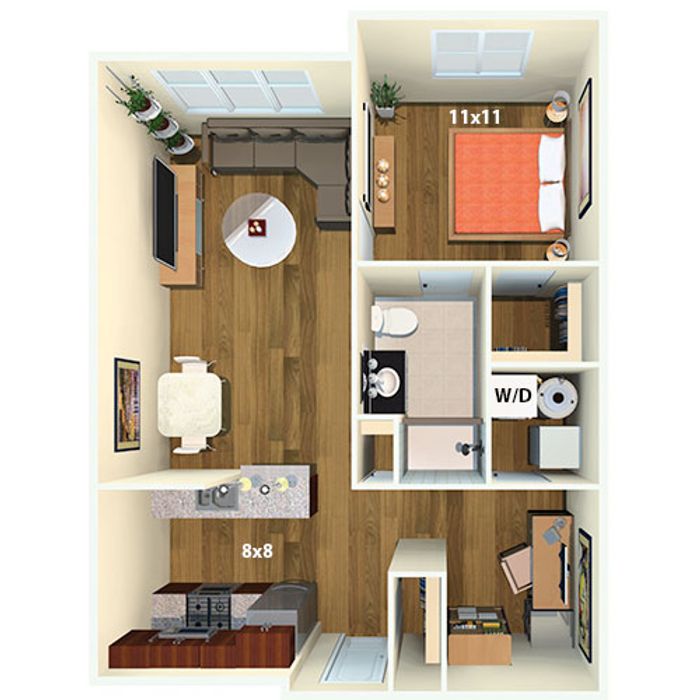 Modern 3D floor plan featuring 1 bedroom, open-concept living and dining area, sleek kitchen, and convenient washer/dryer space.