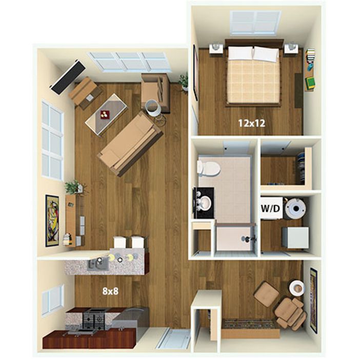 Modern 2D floor plan showcasing one spacious bedroom, a stylish open living and dining area, and a sleek kitchen with contemporary finishes. Includes a cozy study nook and a compact bathroom with laundry setup.