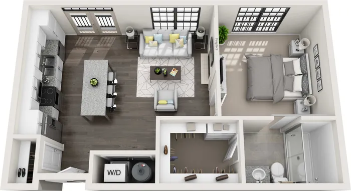 Chic 1-bedroom apartment floor plan with open-concept living and dining area, modern kitchen, spacious walk-in closet, and sleek bathroom.