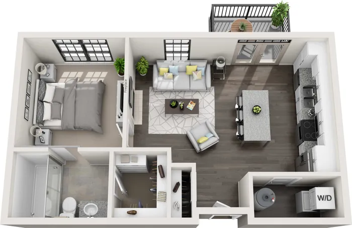 Modern 1-bedroom apartment floor plan with a cozy living area, gourmet kitchen, and private balcony.