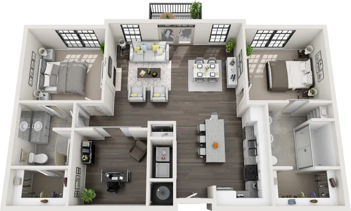 Elegant 3D floor plan showcasing two spacious bedrooms, modern open-concept living and dining area, gourmet kitchen, and a stylish study room.