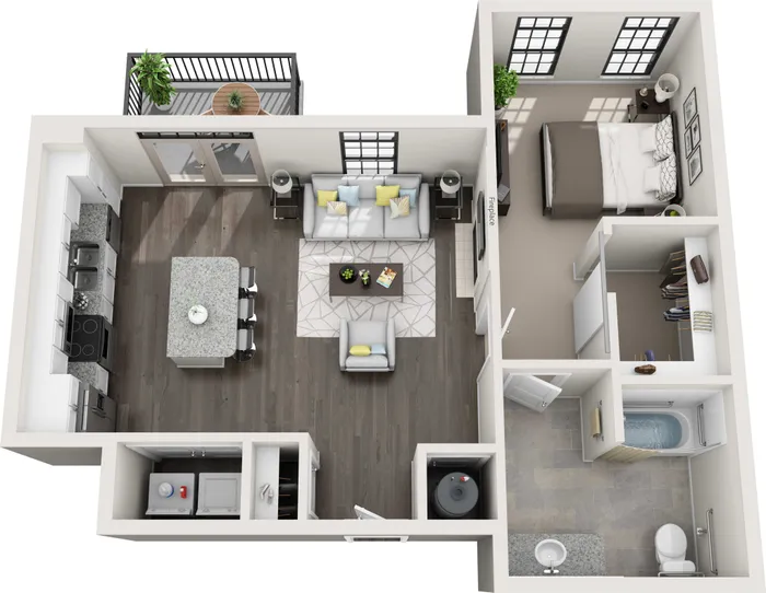 Modern 3D floor plan showcasing a spacious one-bedroom apartment with an open-concept kitchen, cozy living room with fireplace, private balcony, and well-appointed bathroom.