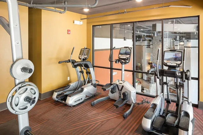Modern fitness center with state-of-the-art ellipticals and weightlifting equipment, featuring stylish decor and vibrant ambiance.