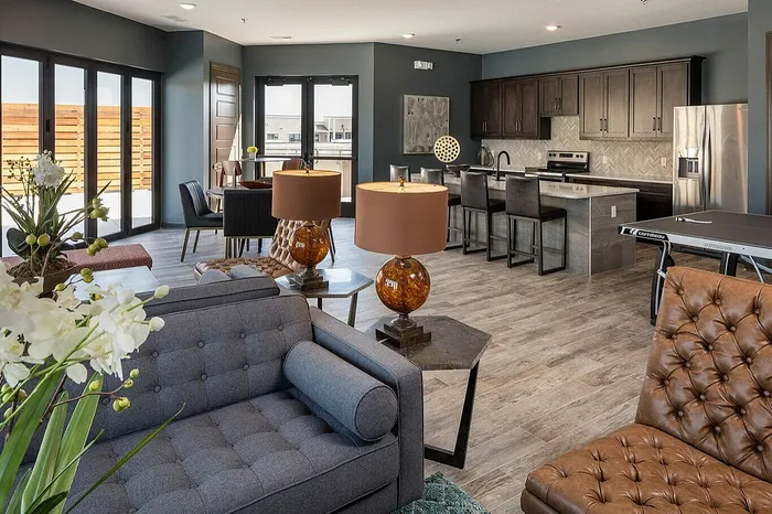 Elegant open-concept living space with cozy seating, modern kitchen, and large windows offering abundant natural light.