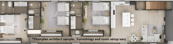 Contemporary floor plan showcasing four spacious bedrooms, four bathrooms, a modern open kitchen, and generous living area with elegant layout.