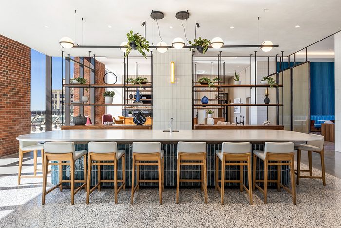 Modern kitchen space with a large island and stylish wooden chairs, featuring elegant lighting and lush plants for a vibrant atmosphere.