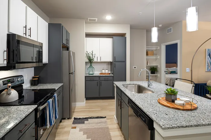 Modern kitchen with granite countertops, sleek cabinetry, and stainless steel appliances in a stylish apartment setting.