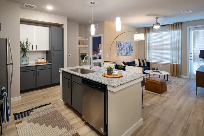 Modern apartment interior showcasing a sleek kitchen with granite countertops, open living area, and stylish decor for comfortable living.