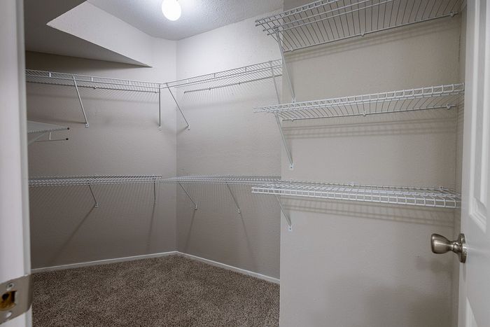 Spacious walk-in closet with ample shelving and cozy carpet flooring, perfect for organizing your wardrobe.