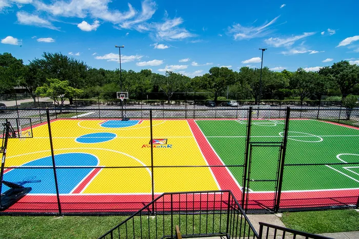 Vibrant multi-sport court surrounded by lush greenery, featuring colorful basketball and soccer sections under a clear blue sky.