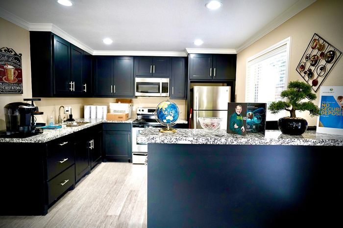 Chic kitchen with elegant dark cabinetry, stainless steel appliances, and a stylish granite countertop.