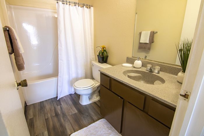Modern bathroom featuring elegant wood flooring, sleek countertop, and a fresh white shower curtain for a tranquil atmosphere.