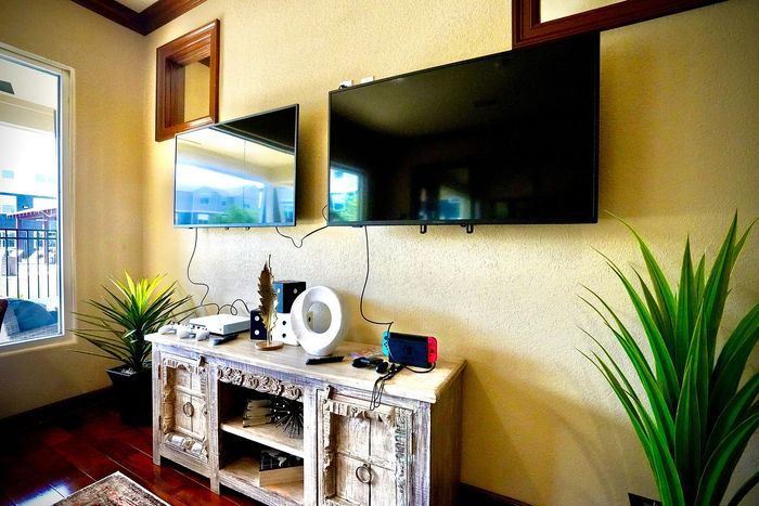Chic modern living room with dual wall-mounted TVs, elegant console, and lush greenery for a cozy entertainment experience.