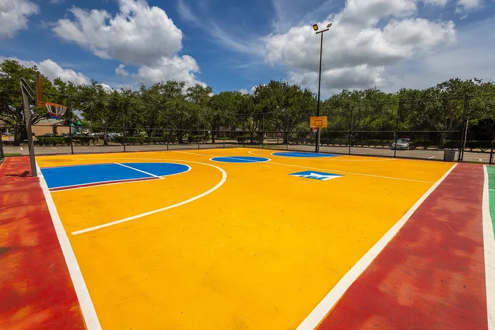 Vibrant, sunlit outdoor basketball court with colorful markings surrounded by lush greenery, perfect for community sports and recreation.
