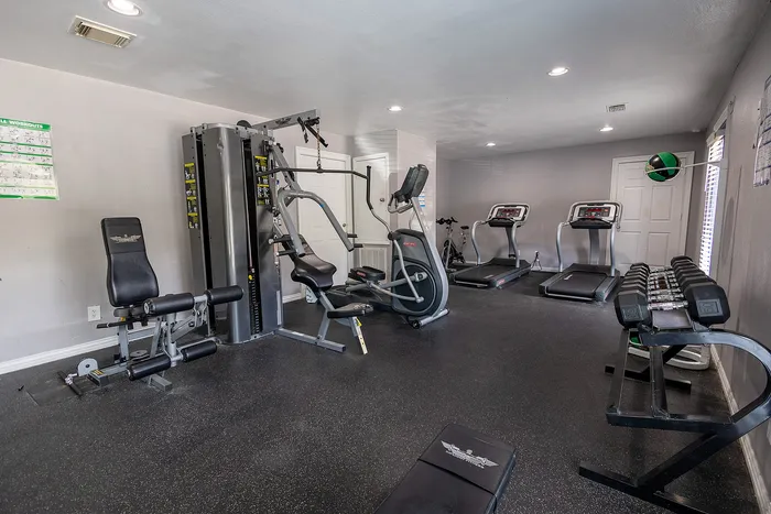 Modern fitness center equipped with state-of-the-art machines, treadmills, and free weights, ideal for invigorating workouts.